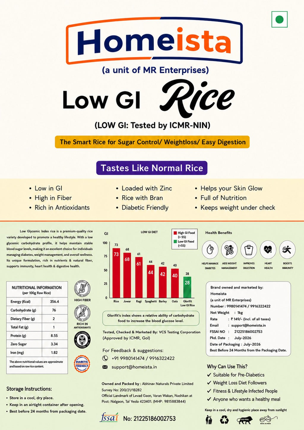 Homeista Low GI Rice | Diabetic Friendly | High Fiber Rice | 1kg